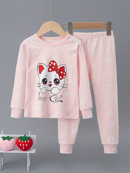 Girls' Cotton Cartoon Cat Pajama Set Long Sleeve & Pants