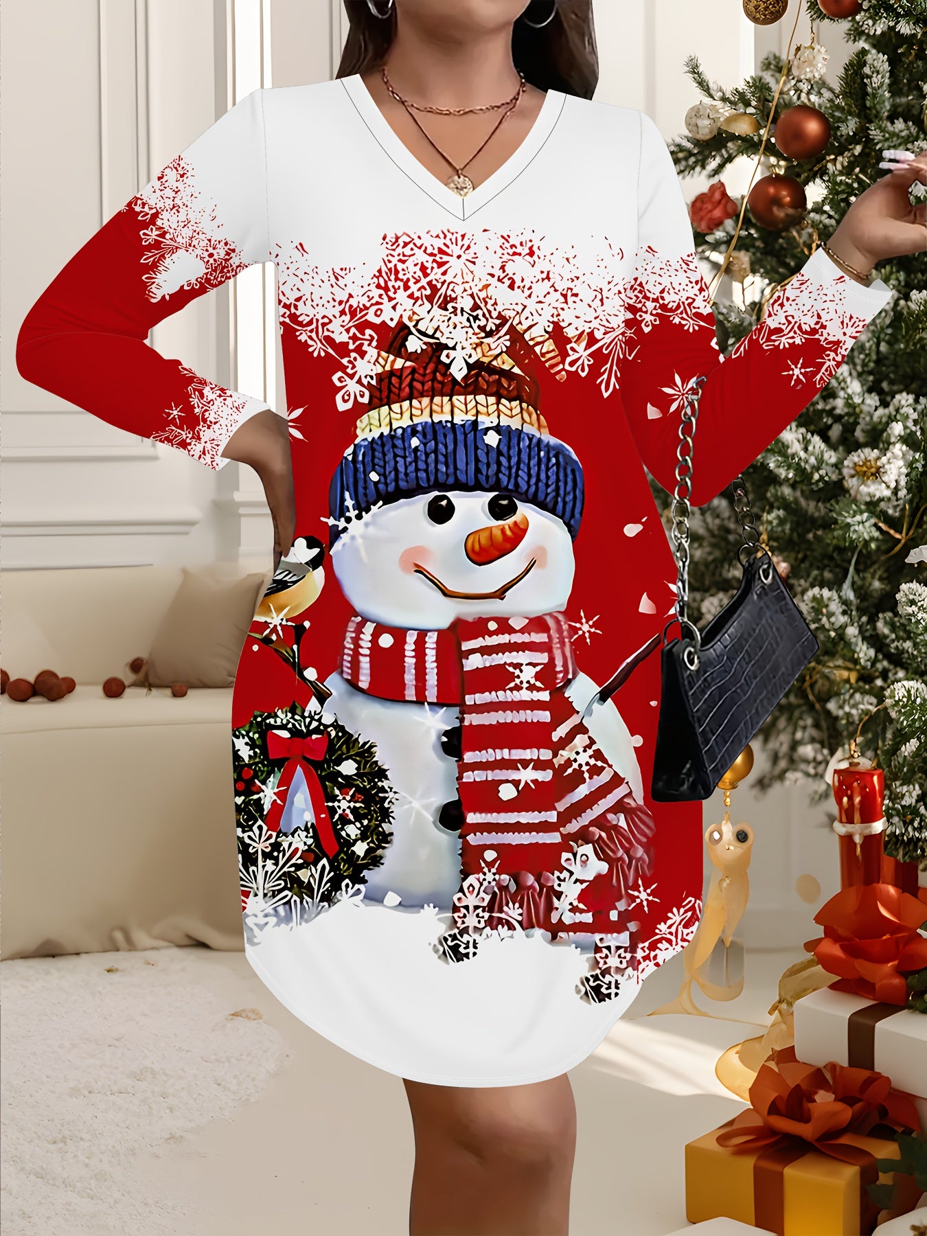 Plus Size - Plus Size - Plus Size, Women'S Plus Size Christmas Dress - Red & White Snowman Print with Snowflakes, V-Neck Long Sleeve Party & Everyday Winter Outfit - Flattering Fit for Holiday Celebrations & Cold Weather - El