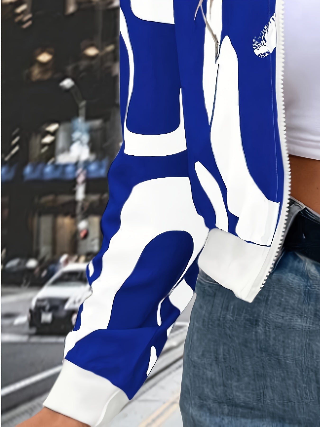 Women'S Stylish Black & White Abstract Print Zip-Up Cardigan Jacket - Casual Long Sleeve Pullover with Belted Waist, All-Season Wear, Casual Attire Jacket|Modern Casual Jacket|Zippered Jacket