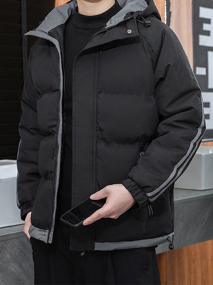 1pc Men's Heavy-Duty Winter Jacket with Hood - -Filled Coat, White & Dark Green, Golden-Zip Closure, Machine Washable, Casual Outdoor Wear (Snow, Windproof) - Regular Fit for, Skiing, Cold