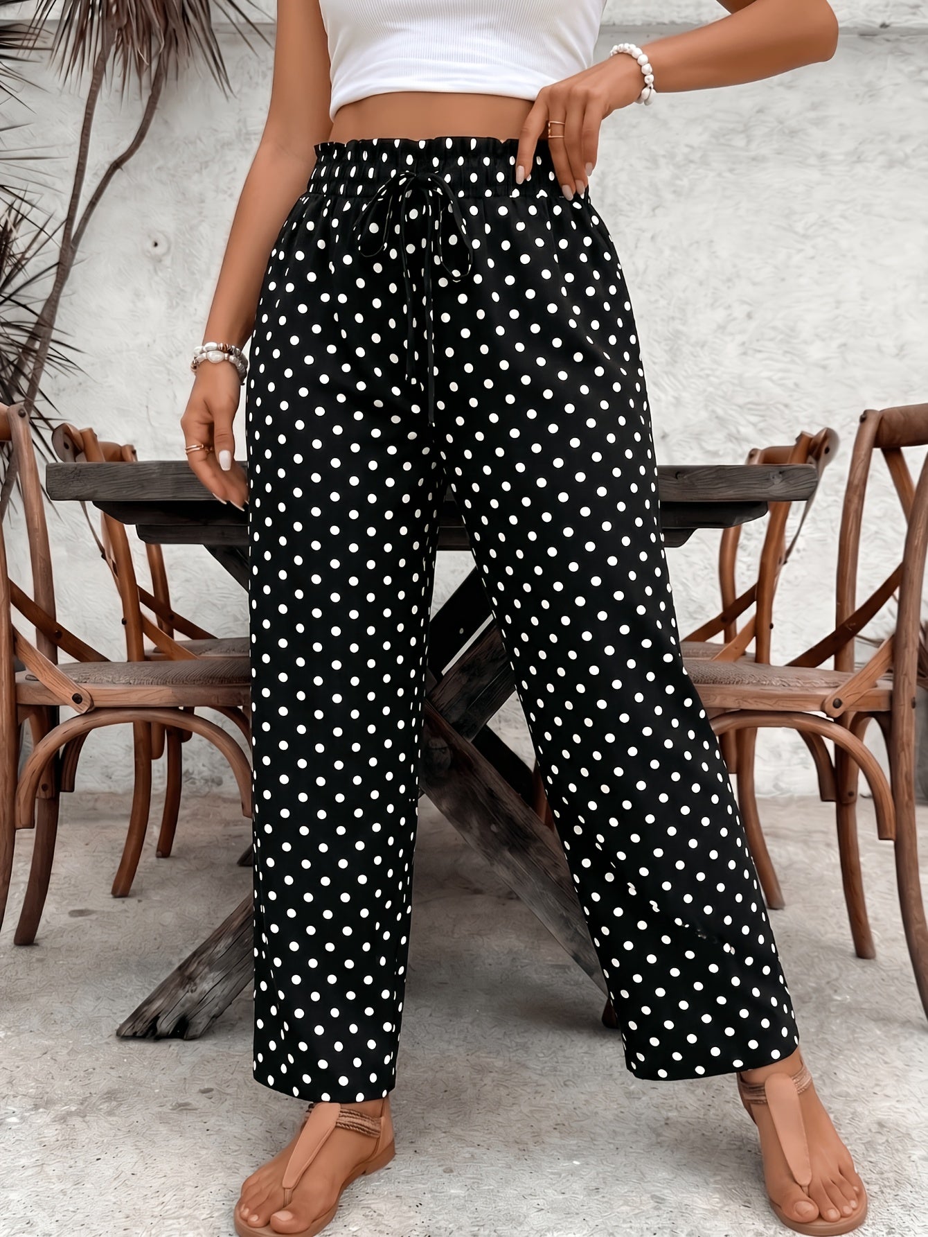 Women's Elegant Polka Dot Stretch Waist Tapered Pants