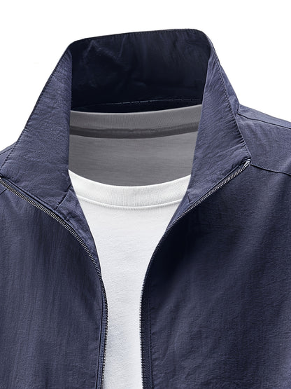 Men'S Olive Green Bomber Jacket with Stand Collar - Casual, Comfortable, Zip-Up Outerwear for Outdoor Activities, Casual Attire|Stand Collar Jacket|Zippered Jacket