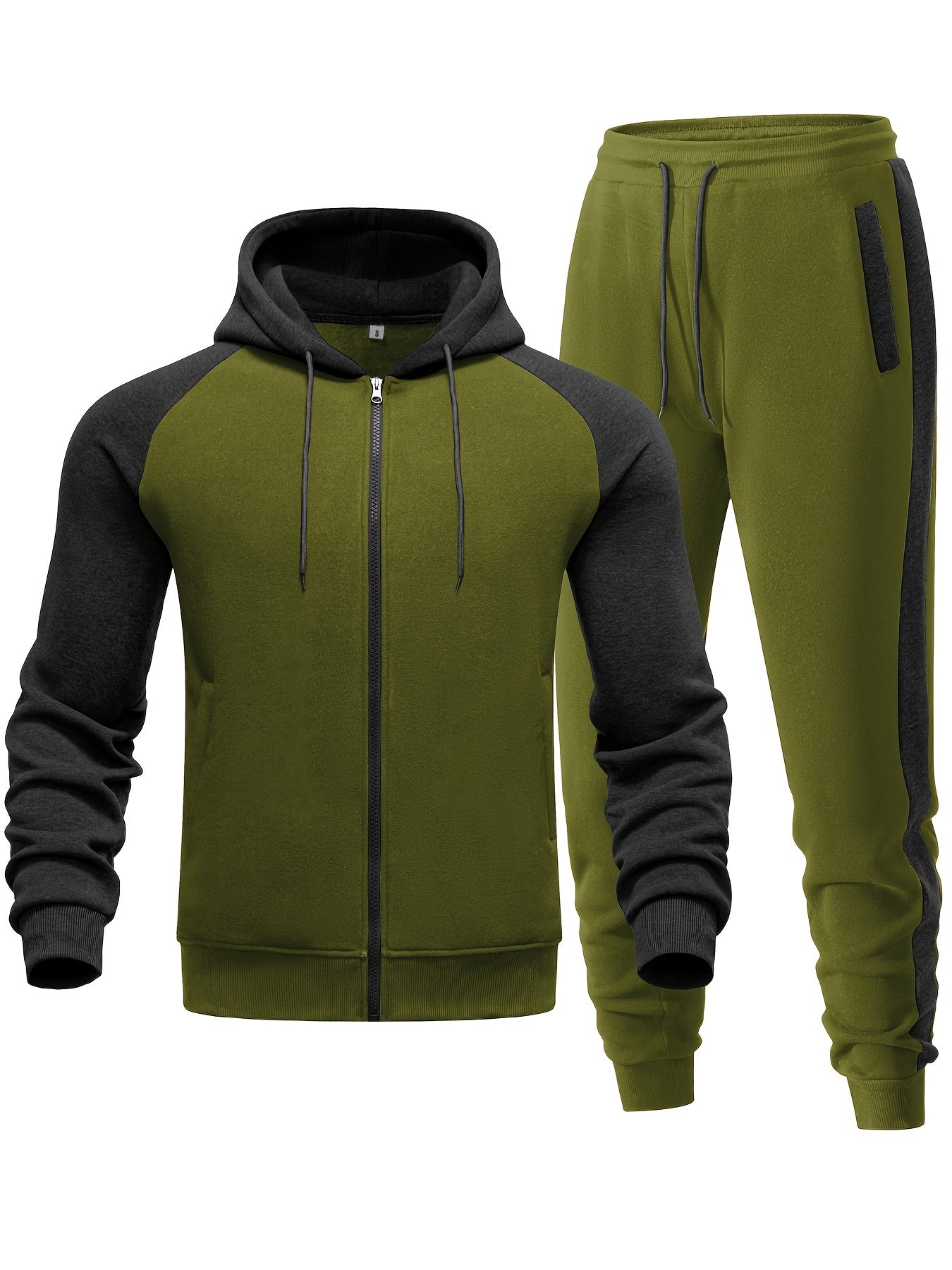 Men'S Casual Sports Hoodie Two-Piece Set with a Color-Blocked Design, Featuring a Zip And Drawstring Waist, Suitable for Jogging in All Seasons