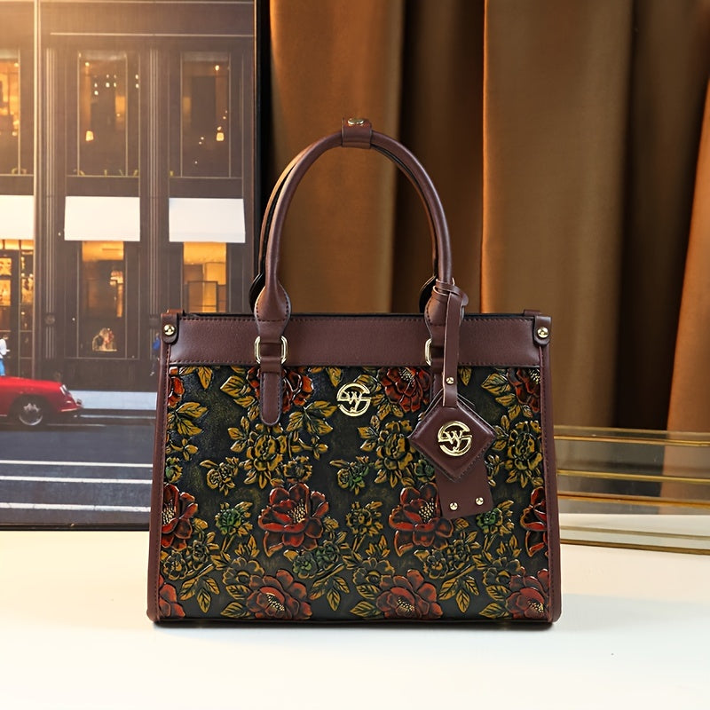 Vintage Floral PU Handbag for Women with Zipper Closure