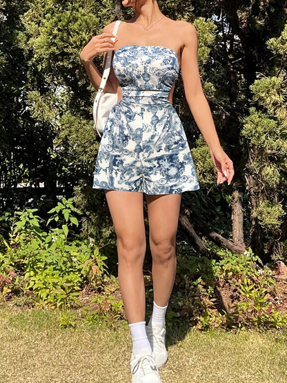 Women's Elegant Printed Backless Crop Top Bodysuit with Bow Tie