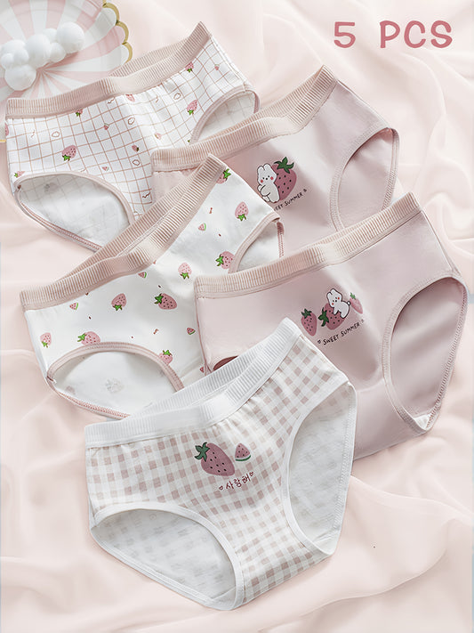 Girls' Cotton Briefs Set of 5 - Cute Strawberry & Checkered Design