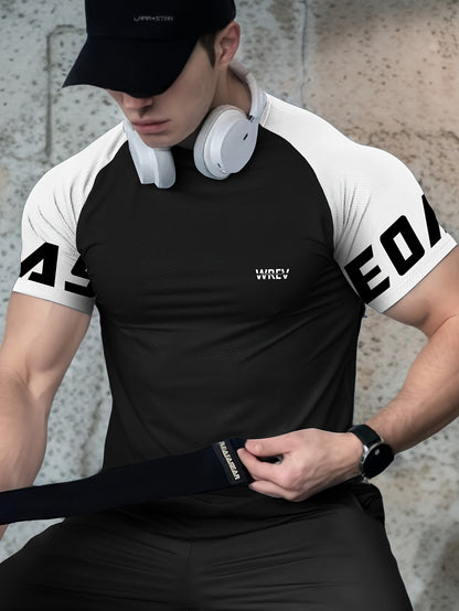 Men's Quick-Dry Breathable Mesh Sports T-Shirt - Summer Gym Workout Top with Contrast Black  White Sleeves  for Man Letter Print, Slim Fit for Running Training Casual Wear, Breathable Running Gear   Sporty Casual Tee   Mesh