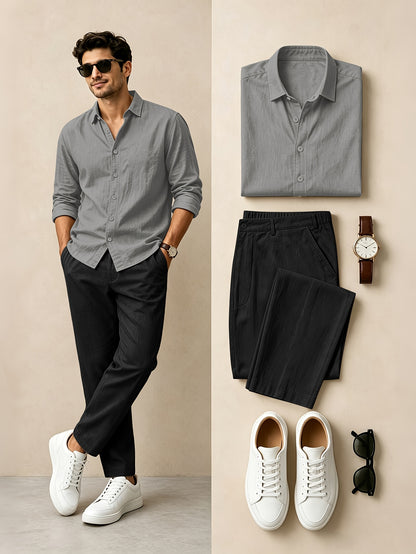 Men's Casual Linen Lapel Shirt & Buckle Pants Set for Spring/Fall