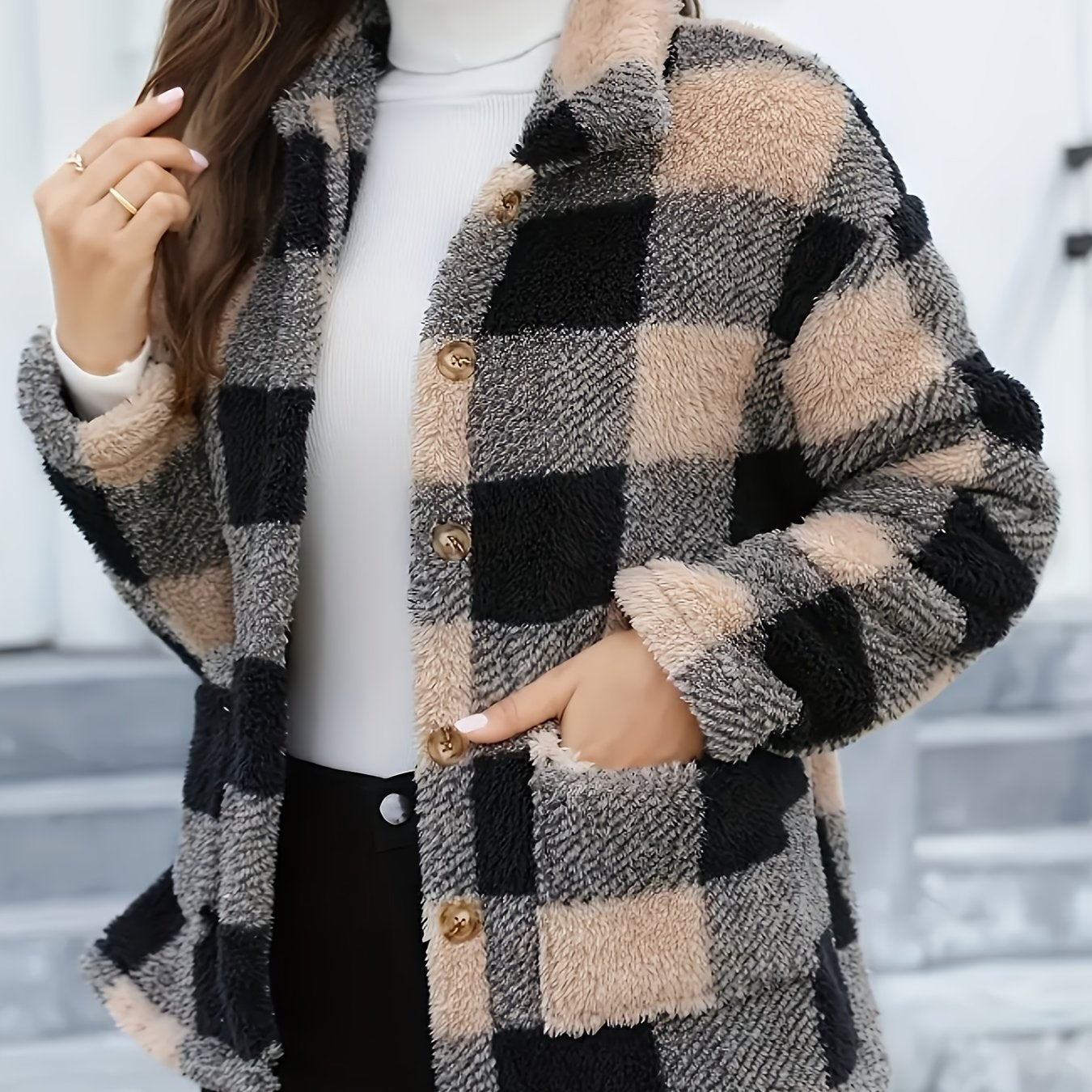 Women'S Plaid Jacket - Soft Brown/Black/Beige/White/Gray/ - Button-Front Closure, Structured Fit for Fall/Winter - Everyday & Formal Outfits - Cozy Outerwear for Women, Casual Wear, Classic Turndown Collar, Durable Fabric, Se