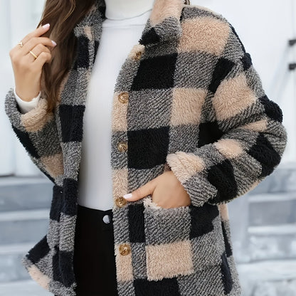Women'S Plaid Jacket - Soft Brown/Black/Beige/White/Gray/ - Button-Front Closure, Structured Fit for Fall/Winter - Everyday & Formal Outfits - Cozy Outerwear for Women, Casual Wear, Classic Turndown Collar, Durable Fabric, Se