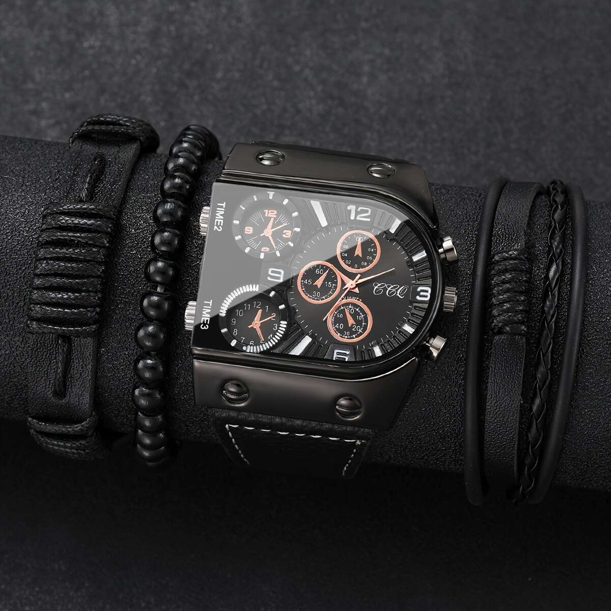 Men's Fashion Digital Dial Large Face Business Trend Quartz Watch + Bracelet Set, 4pcs Set (Watch Box Not Included)