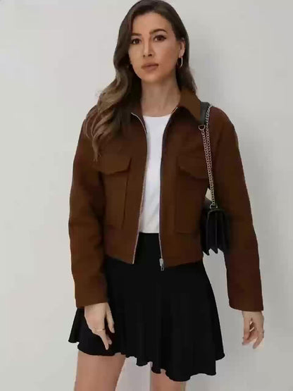 Women'S Solid Color Long Sleeve Zip-Up Jacket - Black, Casual Fall/Winter Outerwear with Pockets, Button-Up Front, and Flap Pockets, Casual Outerwear | Buttonup Jacket | Zippered Jacket, Winter Coat Women, Coat Women Winter,