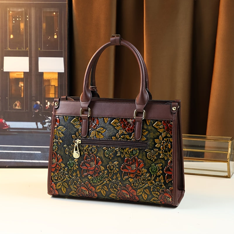 Vintage Floral PU Handbag for Women with Zipper Closure