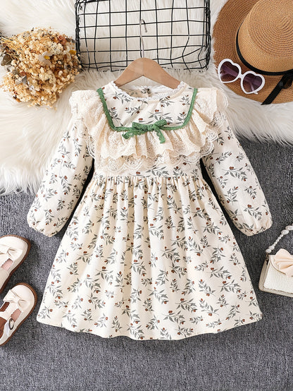 Girls' Retro Floral Cotton Dress with Bow Collar for Spring Fall