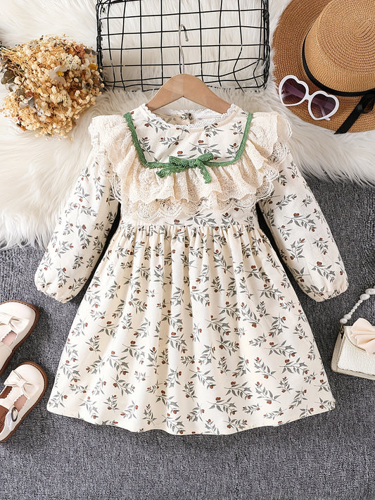 Girls' Retro Floral Cotton Dress with Bow Collar for Spring Fall