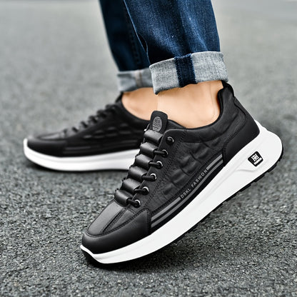 Men's Breathable Casual Sneakers - Comfortable, Versatile  Stylish Shoes for Running, Sports  Casual Attire, Black with White Accents, PU Upper  PVC Sole, Round Toe, Lace-Up Design, All-Season Use