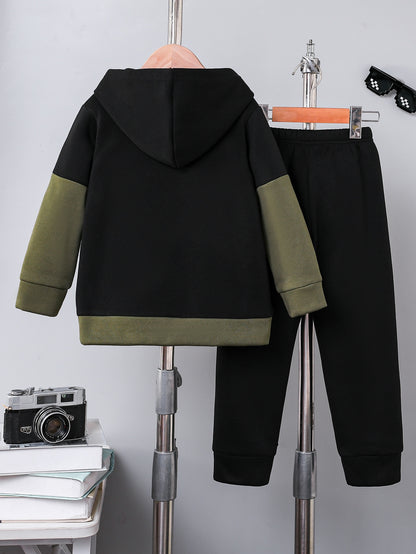 2pcs Boys' Autumn/Winter Fleece-Lined Hooded Zip-Up Jacket and Pants Set with Bird Print, Simple Color Block Design with Pockets, Fashionable Sporty Outfit for Outdoor Activities and Daily Wear, 100% Polyester Knit Stretch Fa