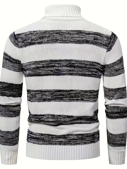 Men'S Stylish Black & White Striped Knit Pullover Sweater - High Neck, Long Sleeve, Ribbed Cuffs, Casual Fall/Winter Wear, Casual Wear Sweater | Highneck Sweater | Knit Construction, Sweater Vest