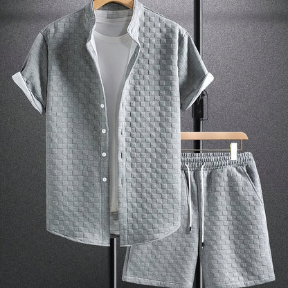 Men'S Casual Short Sleeve Button-Up Shirt & Shorts Set - Solid Black, Breathable Polyester Blend, Regular Fit for Summer, Everyday Comfort, Casual Summer Wear | Buttonup Shirt | Polyester Blend