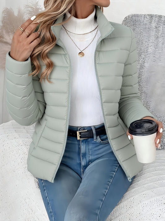 Women's Slim-Fit Quilted Polyester Jacket with High Neck - ayq