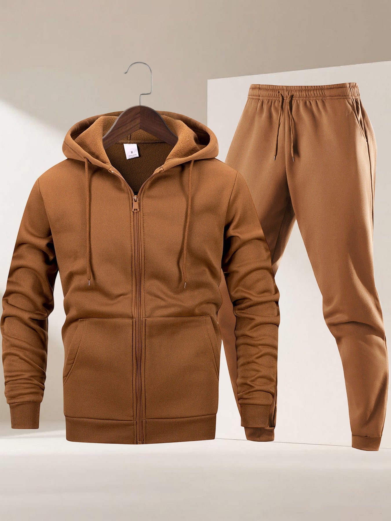 Autumn Winter Men's Hooded Sportswear Set, Simple Classic Versatile Outfit with Zip-Up -Lined Warm Jacket and Drawstring Sweatpants for Casual Leisurewear