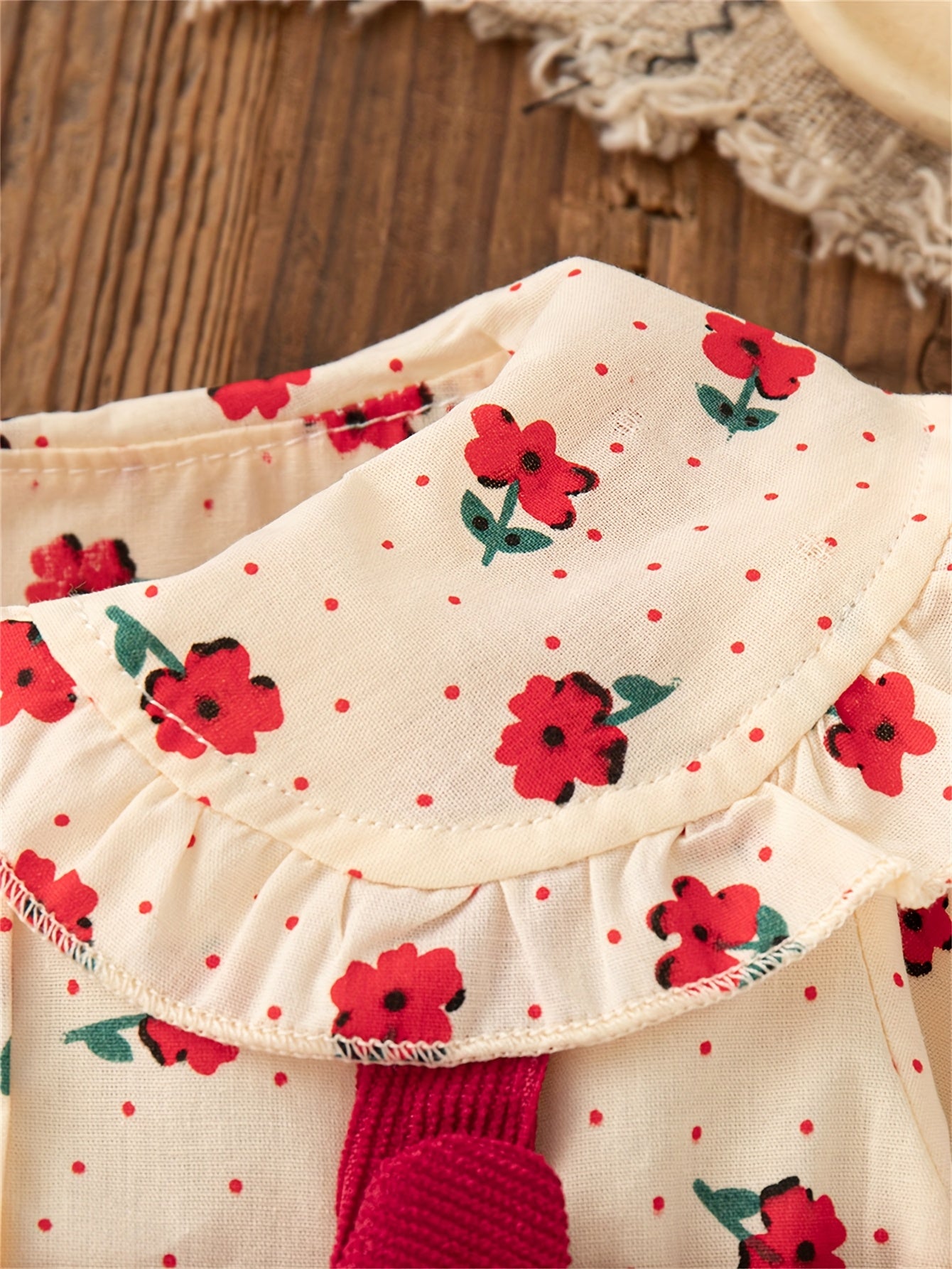 's Red & White Poinsettia & Star Print Dress with Ruffled Collar & Lace Trim - Long Sleeve A-Line Winter Party Dress for Christmas, New Year's, Photo Shoots - Soft Short Dress Outfit (Hand Washable Clothing)