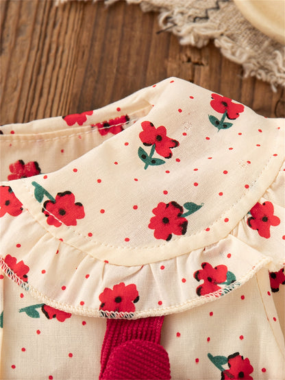 's Red & White Poinsettia & Star Print Dress with Ruffled Collar & Lace Trim - Long Sleeve A-Line Winter Party Dress for Christmas, New Year's, Photo Shoots - Soft Short Dress Outfit (Hand Washable Clothing)