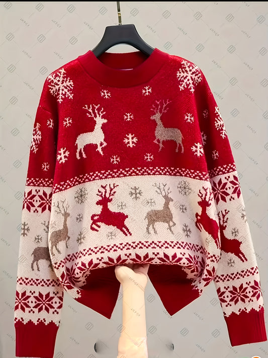 Women's Elegant Red & White Winter Sweater with Nordic Reindeer & Snowflake Pattern - Cozy Sweater for Christmas, New Year's Eve, Valentine's Day - Machine Washable Long Sleeve Round Neck Sweater in Red, White, Brown & Black