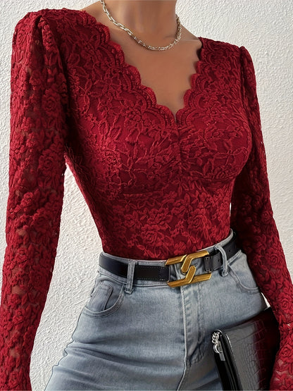 Stylish Deep V Backless Lace Rose Print Sheer Fitted Long Sleeve Bodysuit 10717