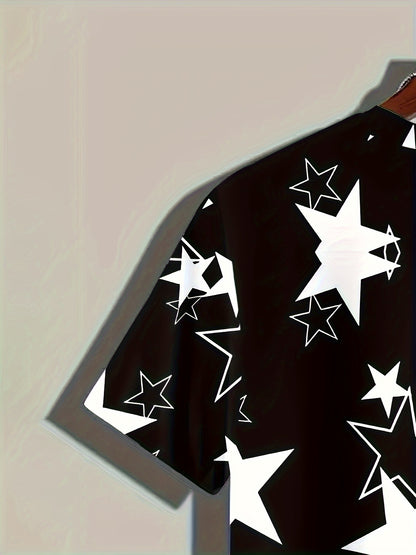Men's Allover Color Blocking Stars Pattern Short Sleeve Crew Neck T-shirt For Summer, Casual Stylish Tee As Gift