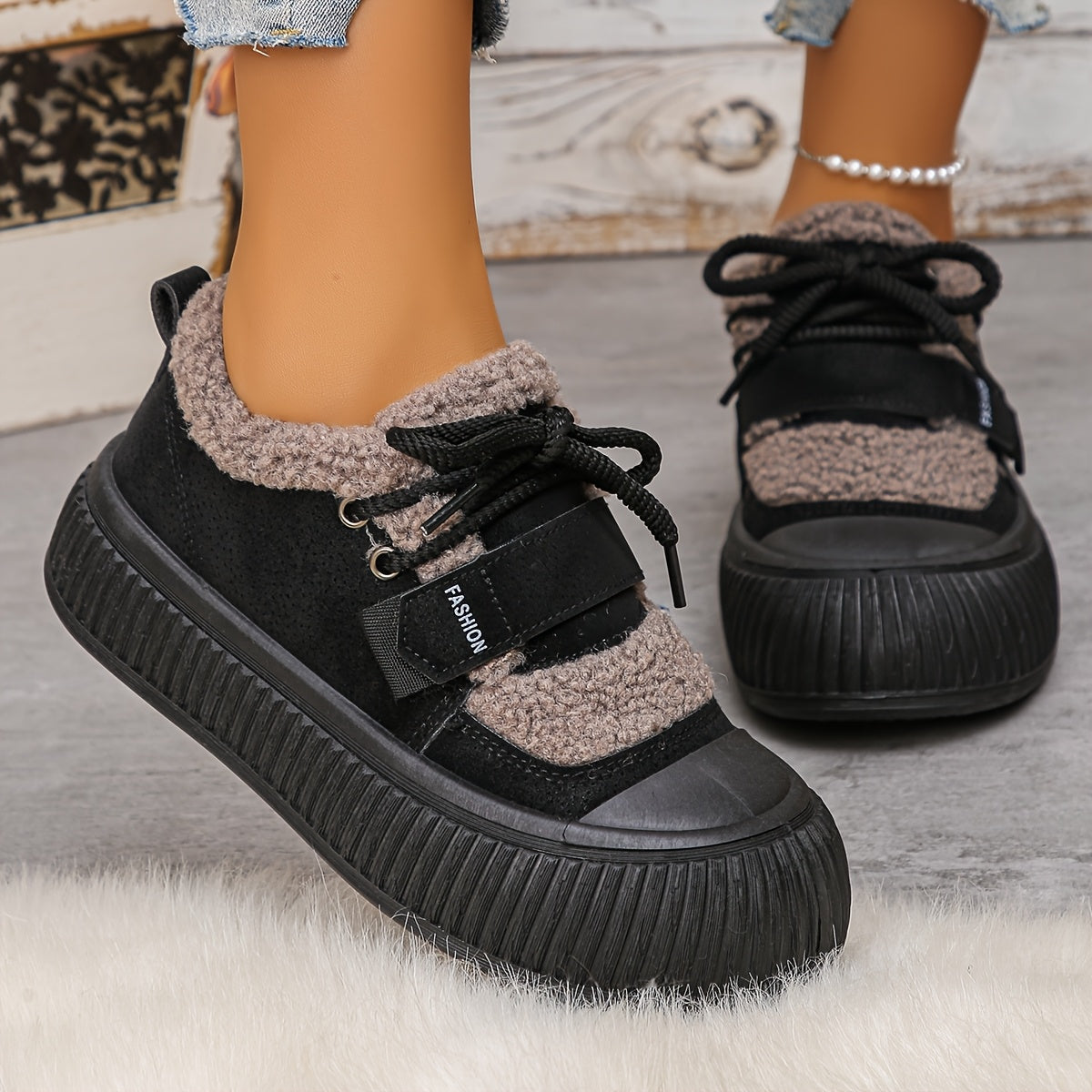 Women's Winter Plush Fleece-Lined Thermal Shoes - Upper & Rubber Sole Low-Top Ankle Boots with Faux Fur Collar, Brown/Beige/ Traction Tread for Cold Weather, Casual & Semi-Formal Outfits - Cozy Warm Winter Boots with Fleece L