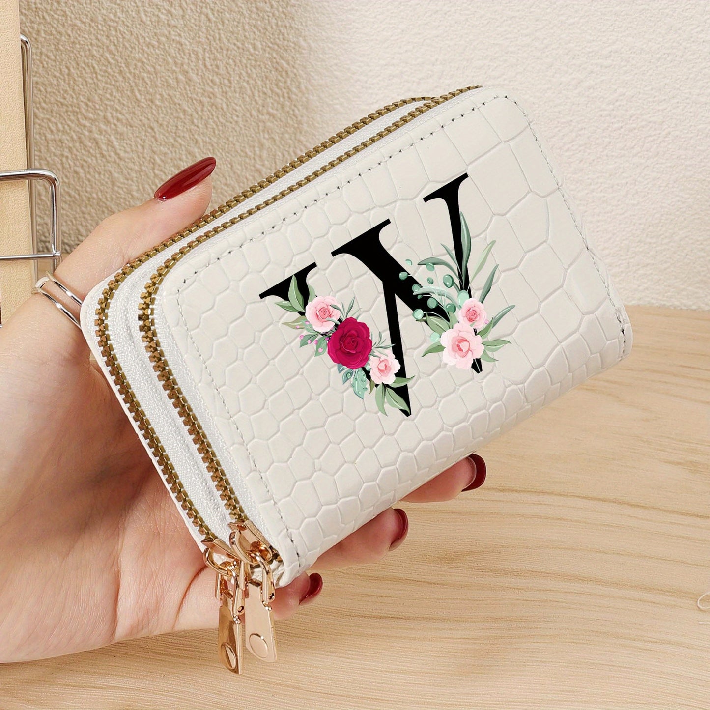 Minimalist Women'S Short Wallet Featuring a Double Zipper Design, with a Crocodile A-Z Letter Pattern. This Stylish Handbag Also Serves As a Fashionable Coin Wallet, Perfect for Travel, Back-To-School, Or Parties.