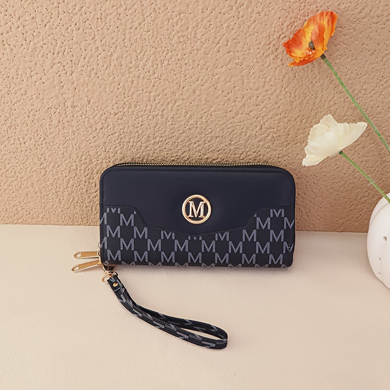 Women'S Elegant Patchwork Wallet & Wristlet Clutch - Large Capacity Double-Zip Coin Purse with Golden-Tone M-Logo, Golden-Tone Hardware & Wrist Strap