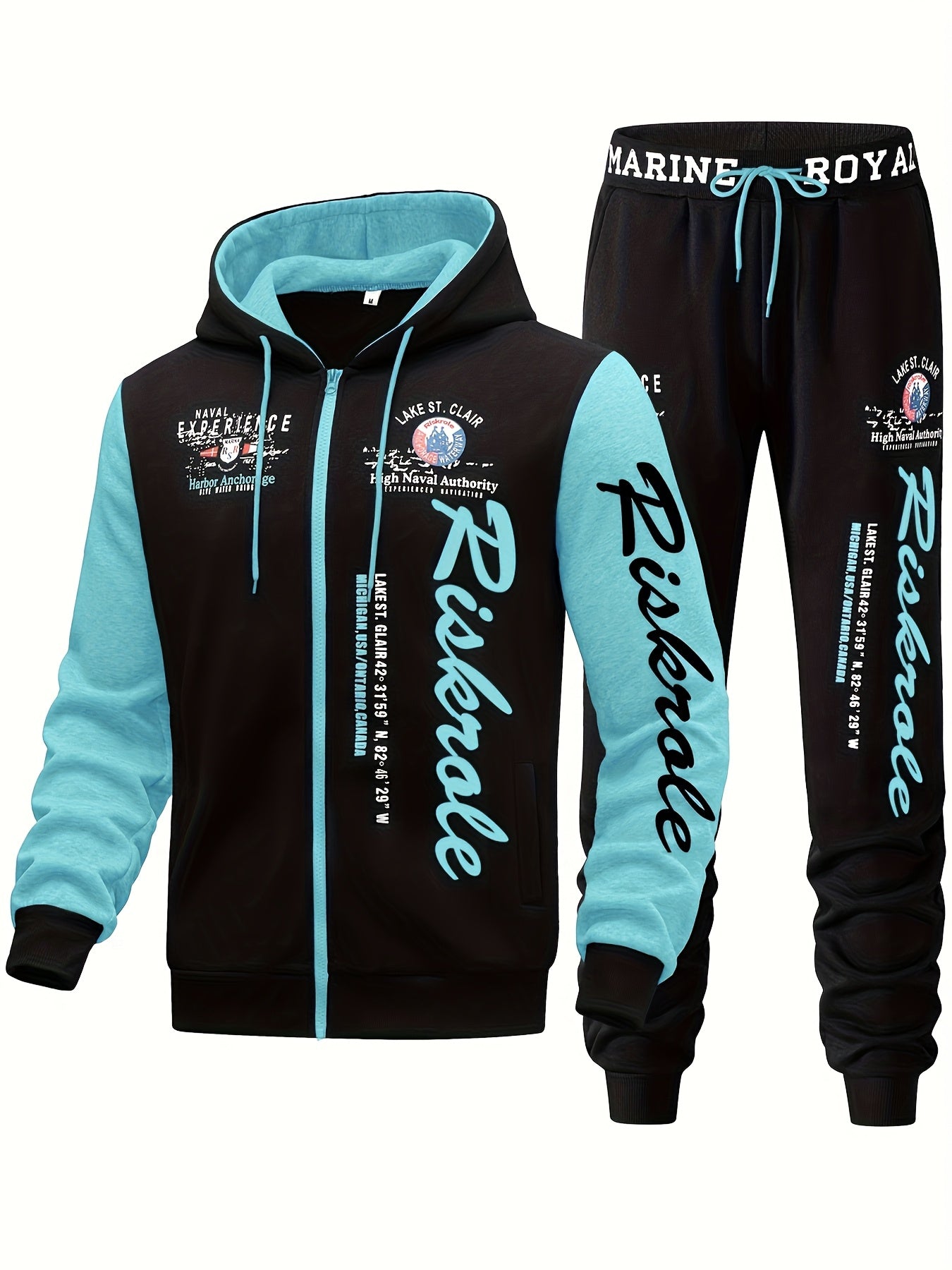Men's Hooded Letter Print Tracksuit, 2pcs Casual Sports Set, Fashion Hoodie With Full-zip And Elastic-waist Pants, Regular Fit, Outdoor Cloth