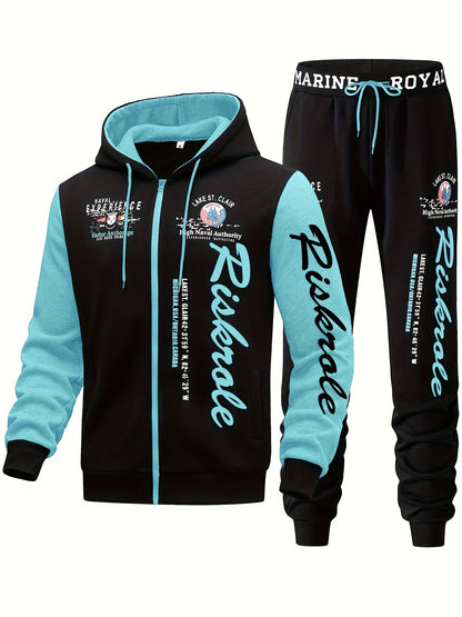 Men's Hooded Letter Print Tracksuit, 2pcs Casual Sports Set, Fashion Hoodie With Full-zip And Elastic-waist Pants, Regular Fit, Outdoor Cloth