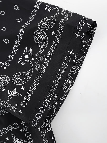 Men's Paisley Print Short Sleeve Shorts Single Button Shirt Suit with Elastic Cord and Pockets