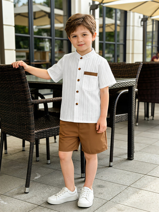 Boys' Summer Casual Shirt & Woven Shorts Set - Lightweight Polyester