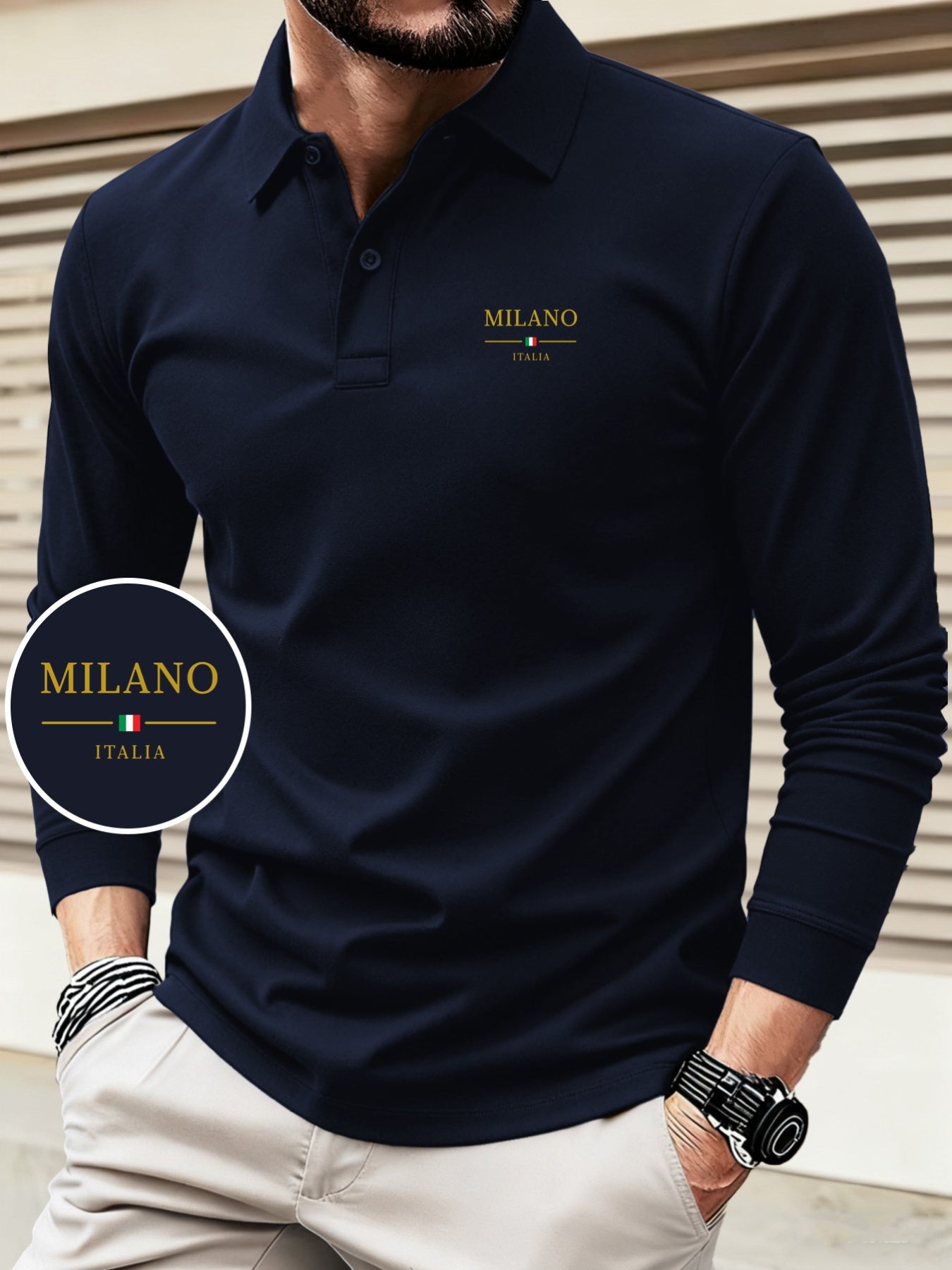 Men's Autumn/Winter Long Sleeve Polo Shirt with Geometric Print