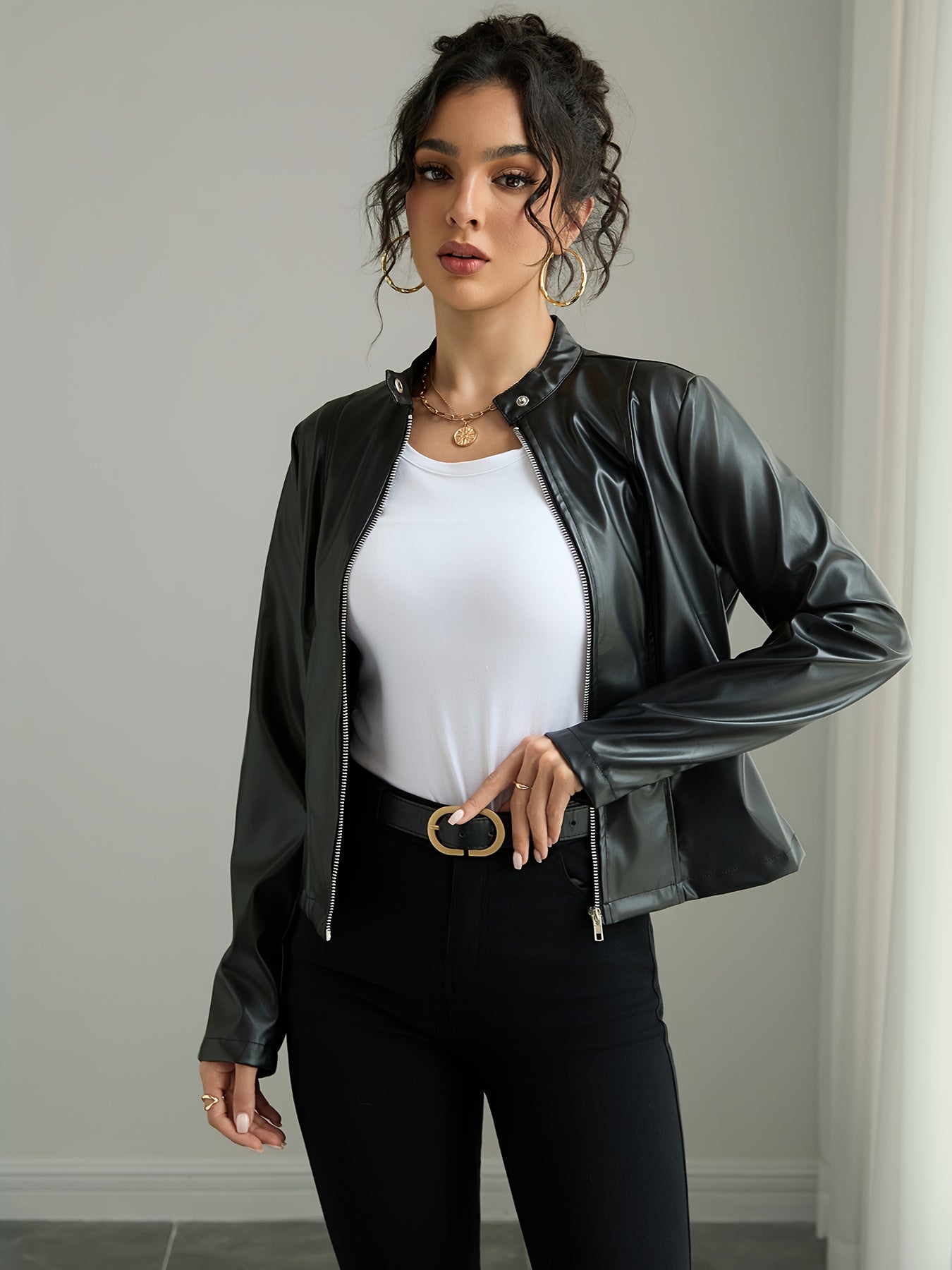 Women's Elegant PUPU Leather Jacket - Full-Zip Long Sleeve Motorcycle Coat with Stand Collar, -Tone Hardware & Smooth Leather Texture, Spring/Fall Outerwear for Casual & Formal Outfits (//Tan) - Non-Stretch Durable Leather, Z