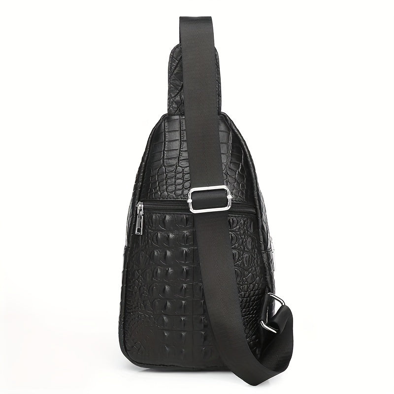SCHLATUM Genuine Leather Crocodile Pattern Sling Bag - Black, Large-Capacity Multifunctional Crossbody Backpack for Travel, Sports  Camping, Stylish Zipper Closure Design