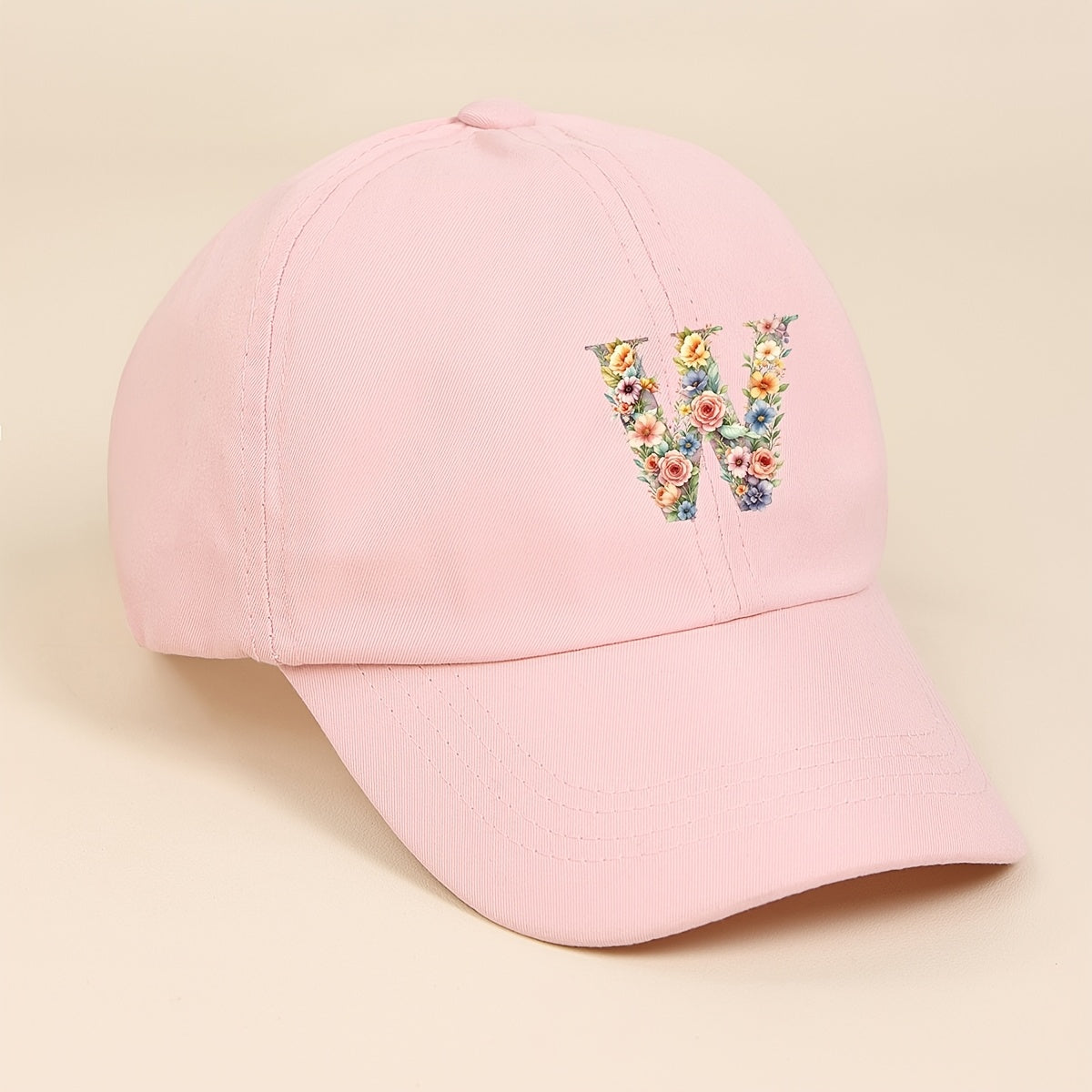 Adjustable Pink Baseball Cap for Kids with Floral Alphabet Design