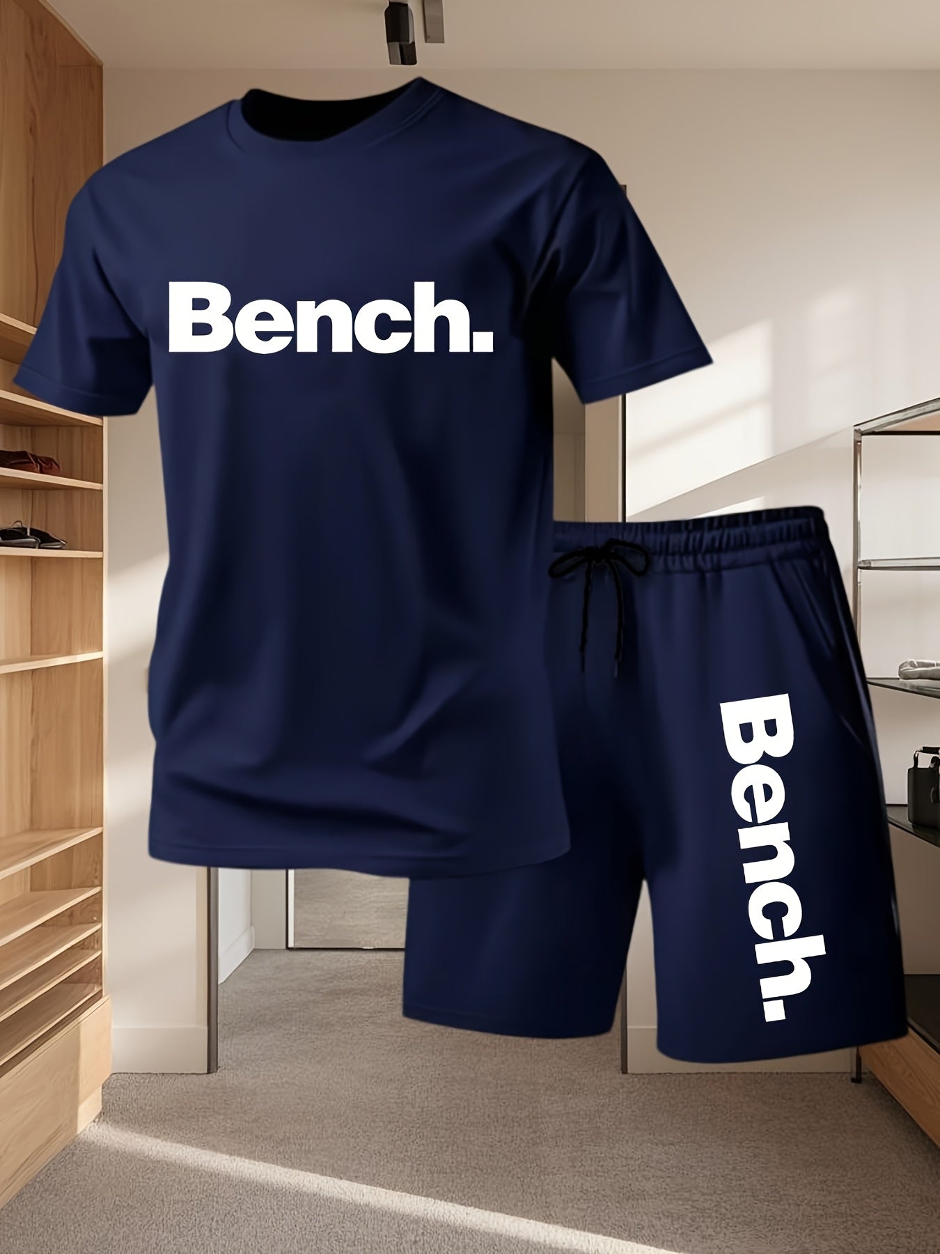 Summer Men'S Casual Sports Short Sleeve T-Shirt and Shorts Set, Comfortable Breathable, Suitable for Outdoor Jogging Running Fitness, Bench. Letter Print Design - 2pcs
