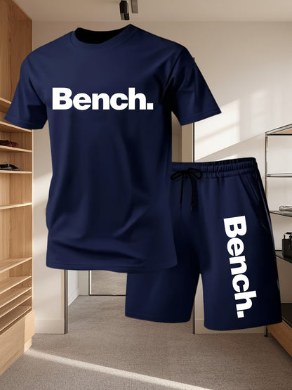 Summer Men'S Casual Sports Short Sleeve T-Shirt and Shorts Set, Comfortable Breathable, Suitable for Outdoor Jogging Running Fitness, Bench. Letter Print Design - 2pcs