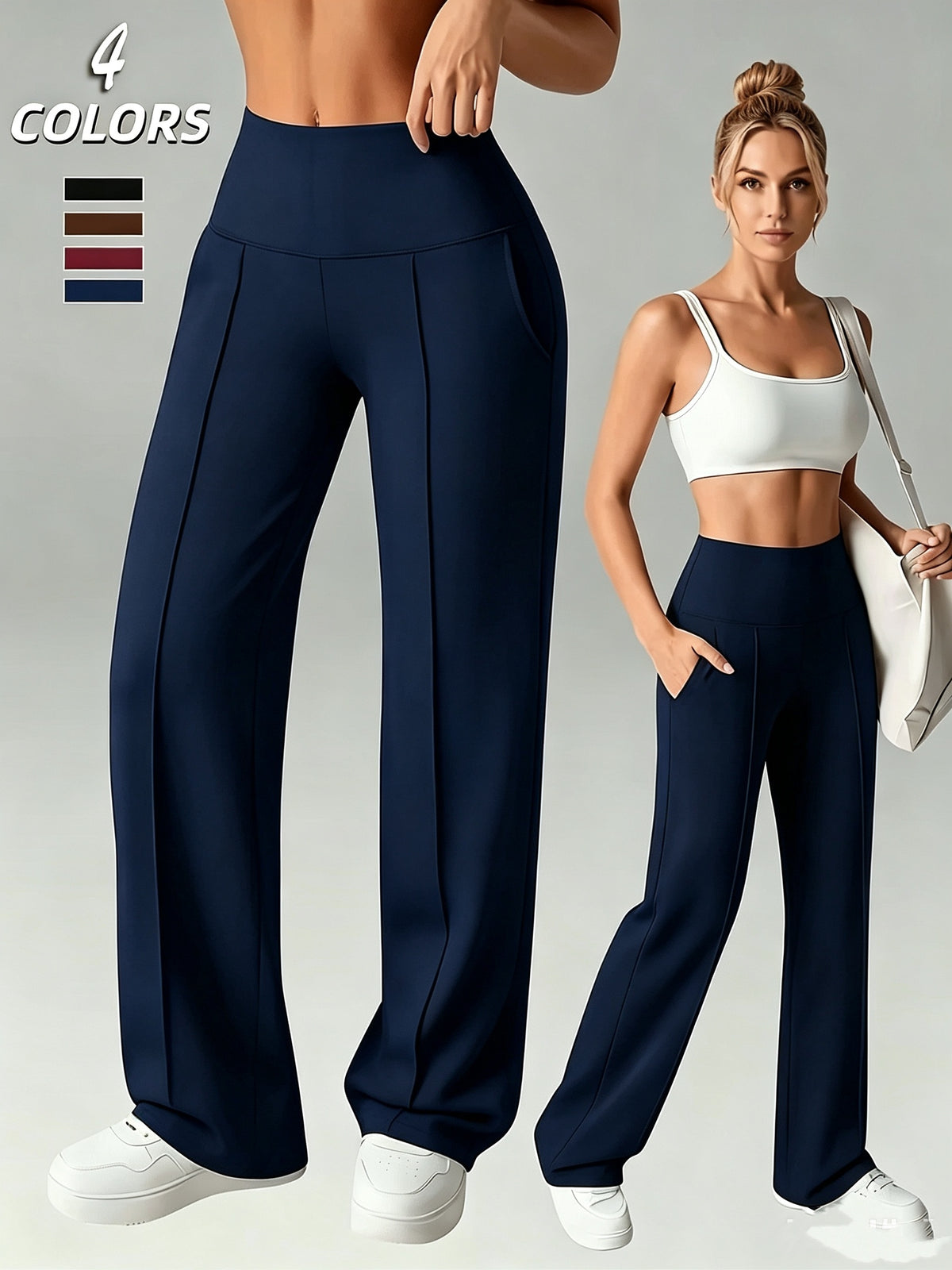 Women's Wide-Leg Straight Pants with Pleats & Hidden Pockets