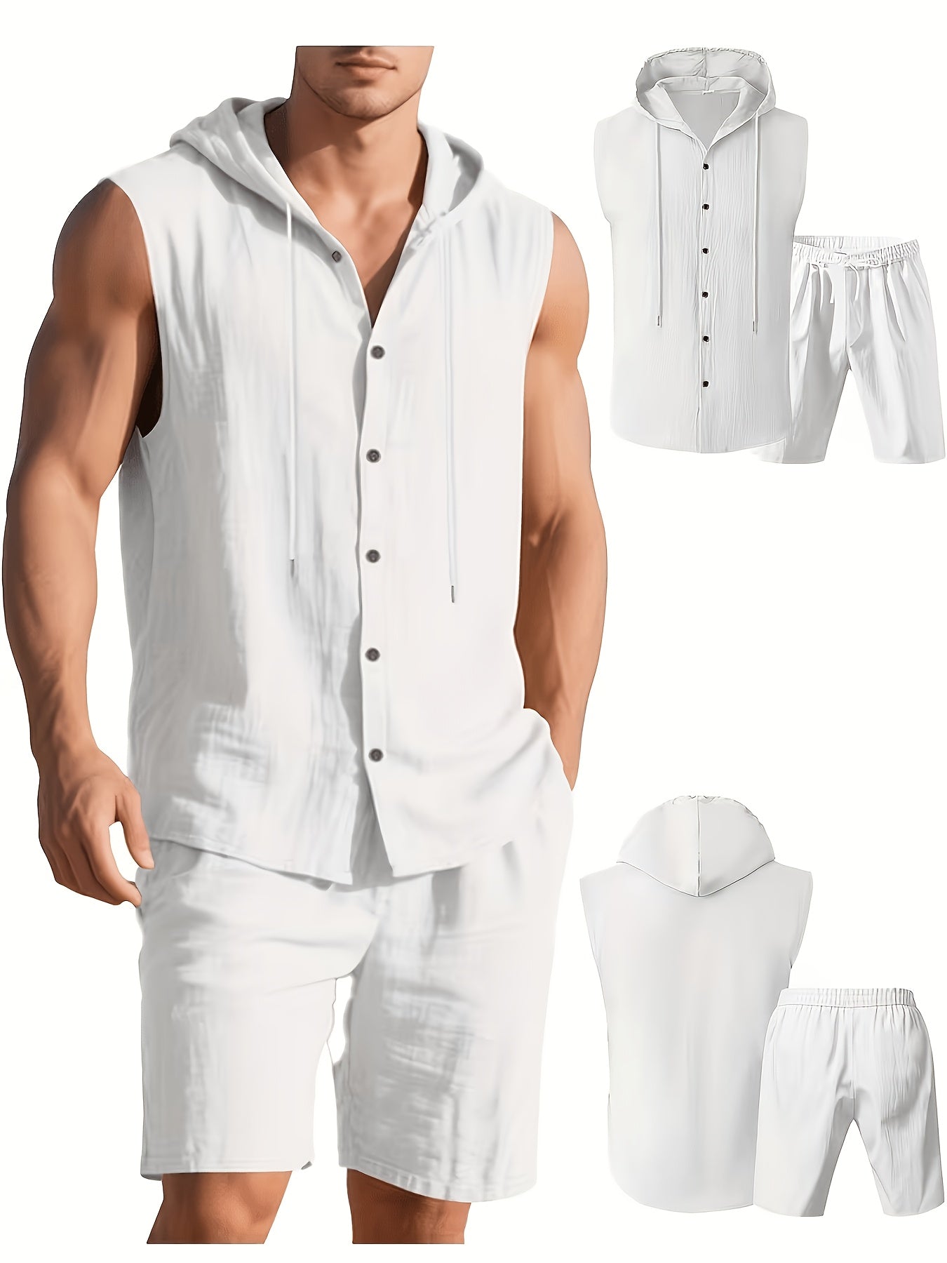 Men's Summer Linen Hooded Sleeveless Shirt & Shorts Set