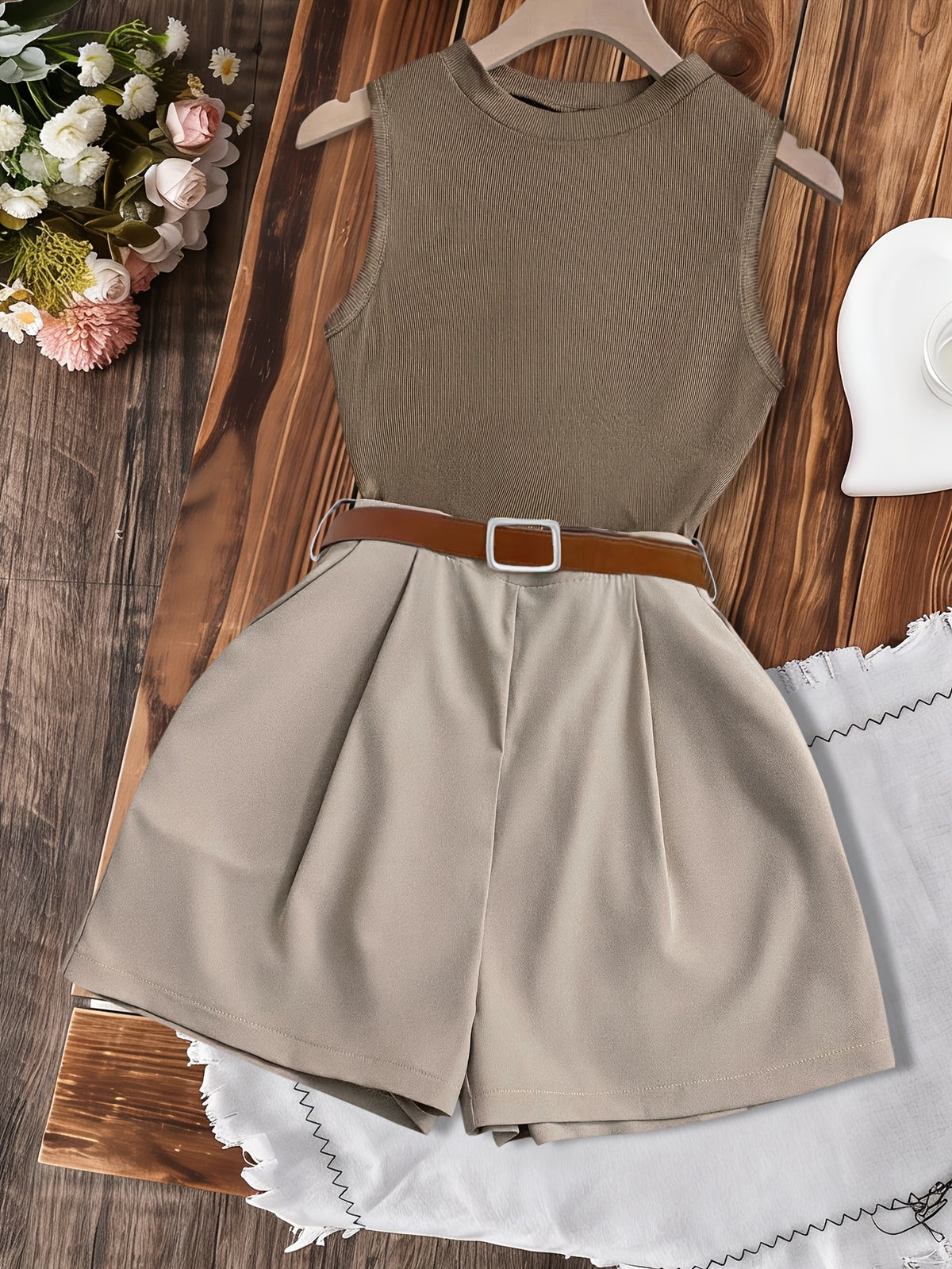 Girls' Summer Two-Piece Ribbed Vest & High-Waisted Shorts Set
