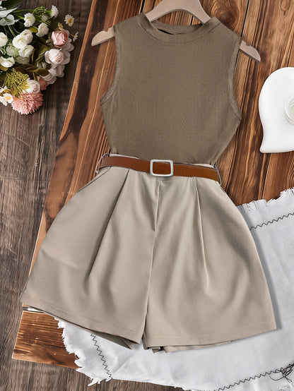 Girls' Summer Two-Piece Ribbed Vest & High-Waisted Shorts Set