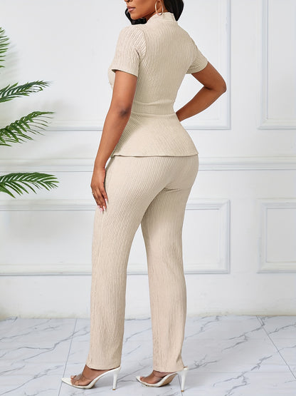 Women'S Elegant Casual Solid Color Textured Jumpsuit - Stylish Short Sleeve Top & Wide-Leg Pants, Perfect for All Seasons, Casual Attire|Textured Jumpsuit|Casual Style