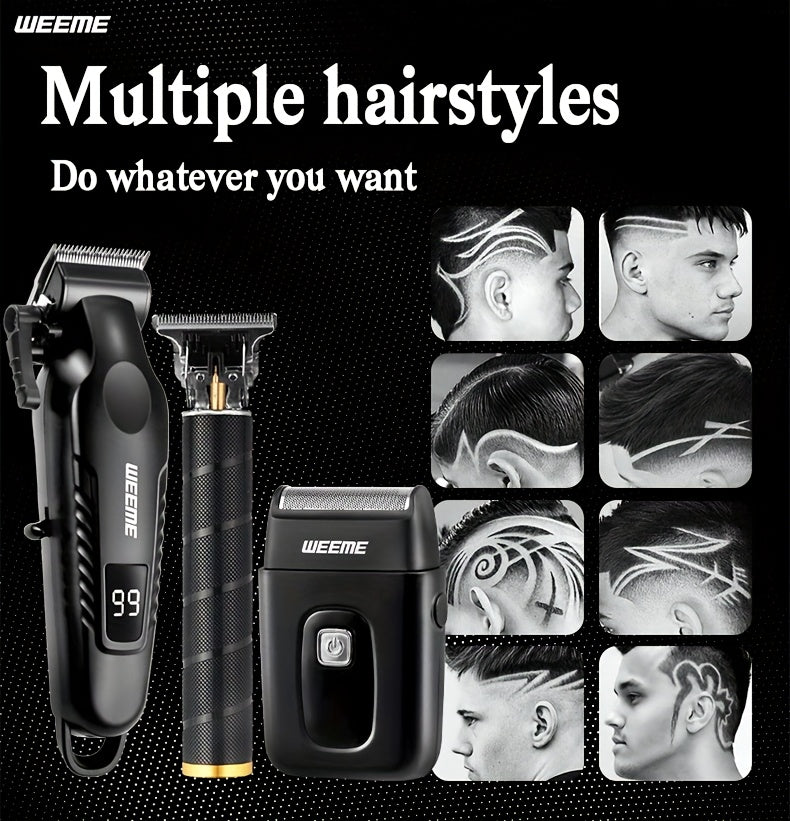 WEEME 2pcs/3pcs Men's grooming suit Multi-function electric hair clipper shaver trimmer alloy steel head three-gear adjustment USB fast charging LCD power display household travel car must-have gift for husband, boyfriend and