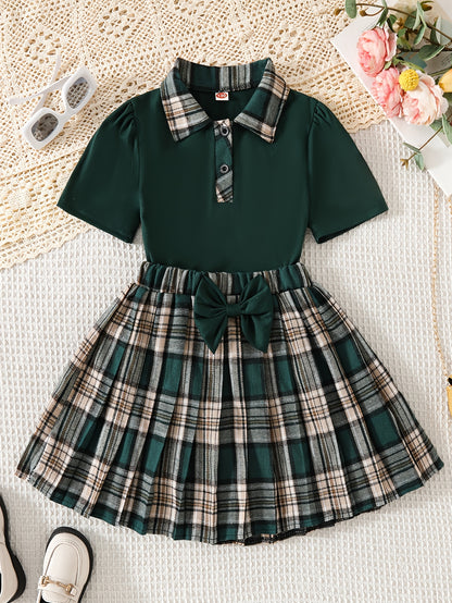 Girls Preppy Plaid Shirt and Pleated Skirt Set with Bow - Spring Summe